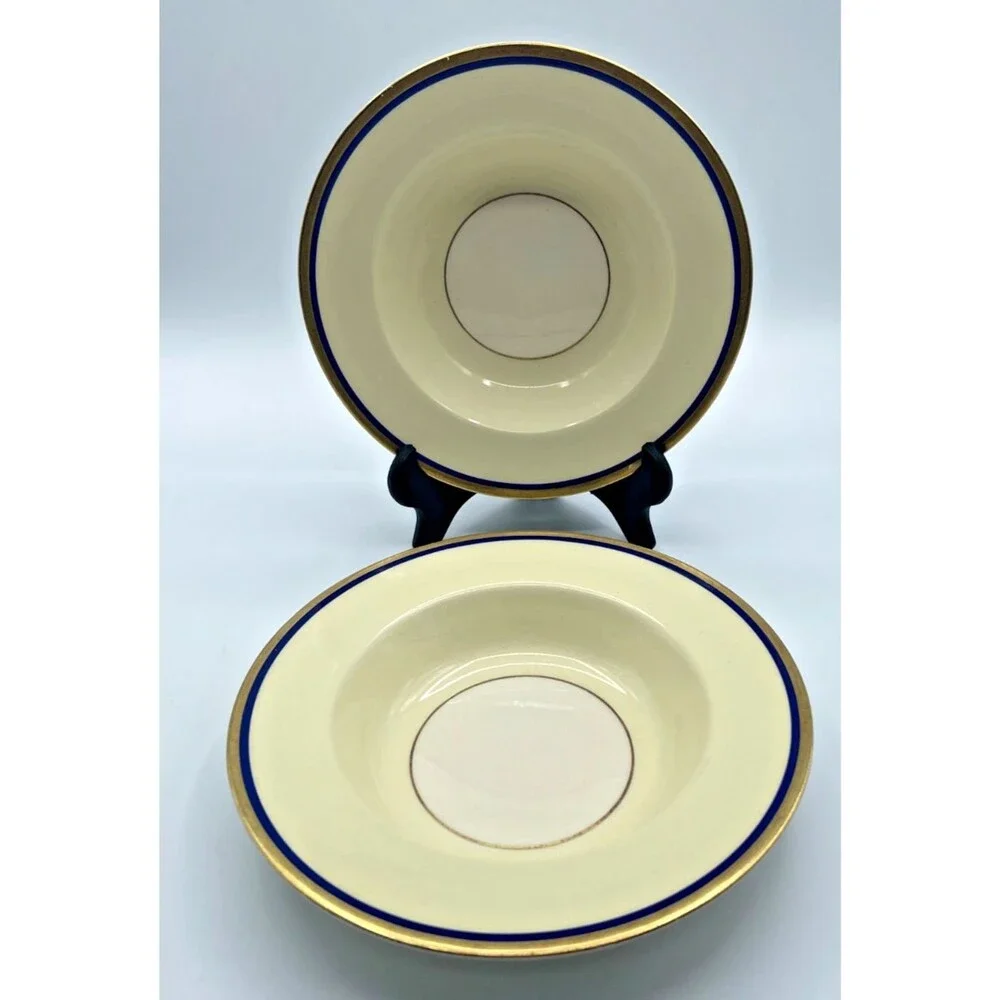Myott Staffordshire England Cream Soup Bowls Set of 2 Cobalt Blue & Gold Rim